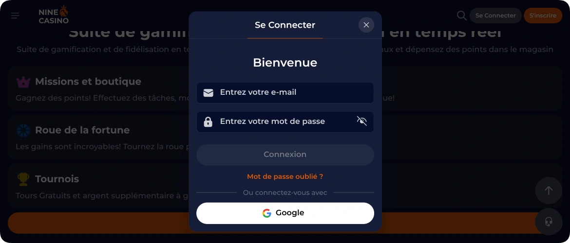 Nine Casino connexion formulaire accès au compte en ligne