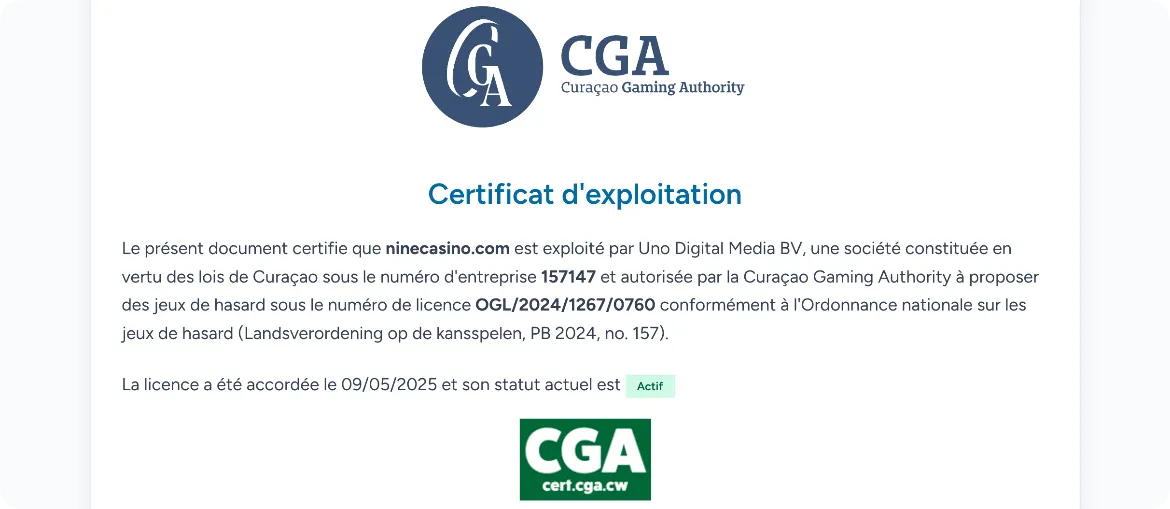 Nine Casino certificat d exploitation OGL 2024 1267 0760 permission officielle